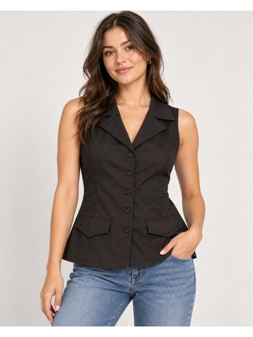Talbots Womens Black Button-Front Sleeveless Vest Shirt Size 6 Petite